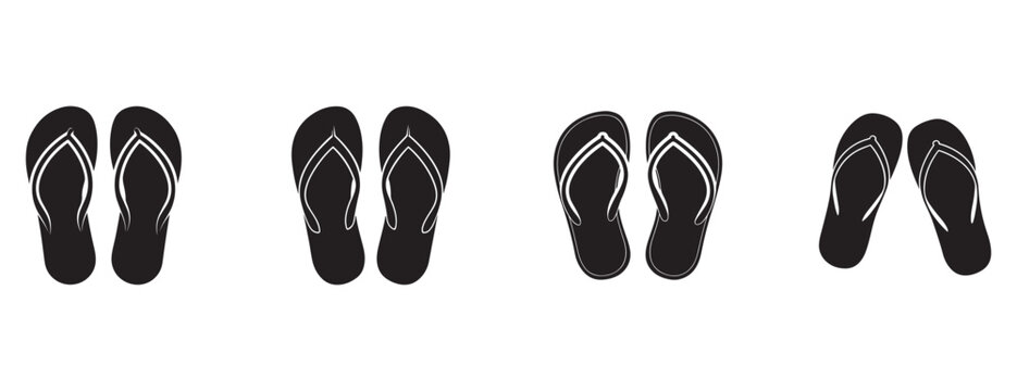 pairs of black flip flops with white straps in different positions on white background  sandals for summer vacation or beach activities