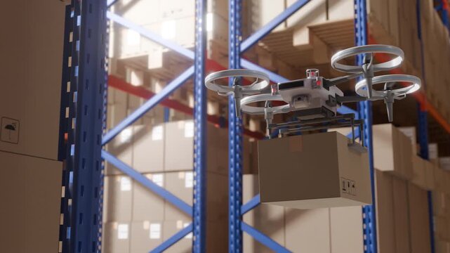 Drone carrying a box in industrial logistics warehouse.automation job shift warehouse.AI Aerial AGV Transporting Parcel in Logistics Distribution Center,Unmanned UAV Drone Delivering Cardboard Box