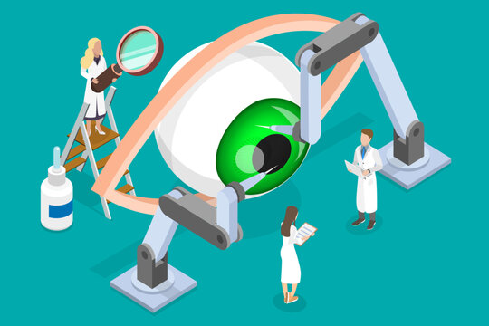 3D Isometric Flat Vector Illustration of Robotic Eye Surgery, Medical Technologies Innovations