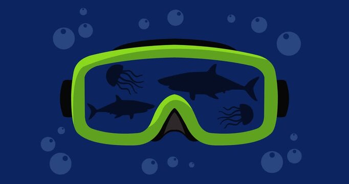 Animation of reflection of shark and jellyfish shadows on diving goggles in the depths of the sea