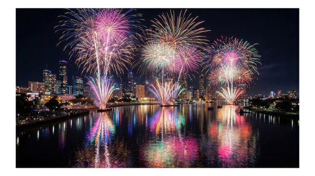 Colorful Fireworks Over City Skyline Reflected in River Night