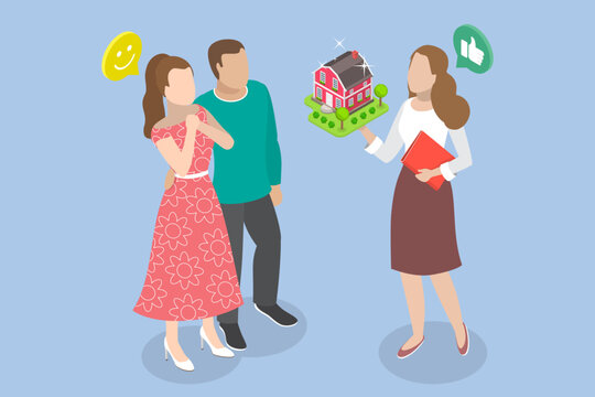 3D Isometric Flat Vector Illustration of Real Estate Agent, Young Family Discussing New Home Purchase With Woman Real Estate Agent.