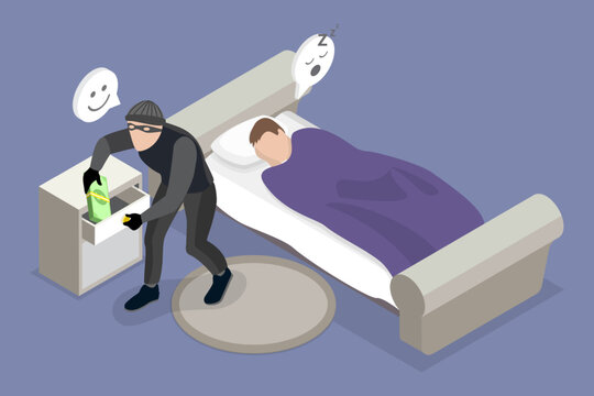 3D Isometric Flat Vector Illustration of Burglar, Thief Snatches Cash From Drawer As Victim Sleeps