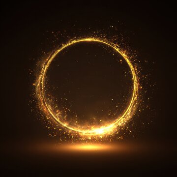 Glowing golden ring made of sparkling particles floating on dark background forming circular frame of light for festive celebrations luxury branding and digital artistic design works.