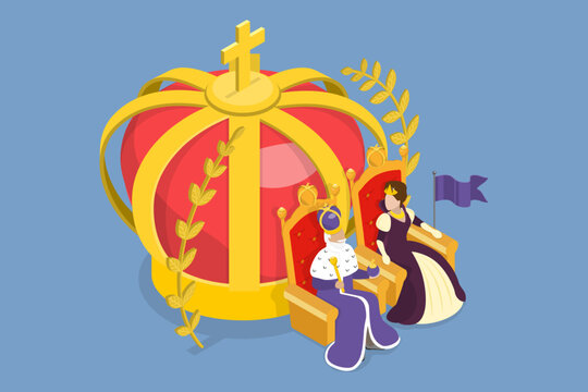 3D Isometric Flat Vector Illustration of Monarchy, Crown, Scepter And Royal Robes On Regal Background