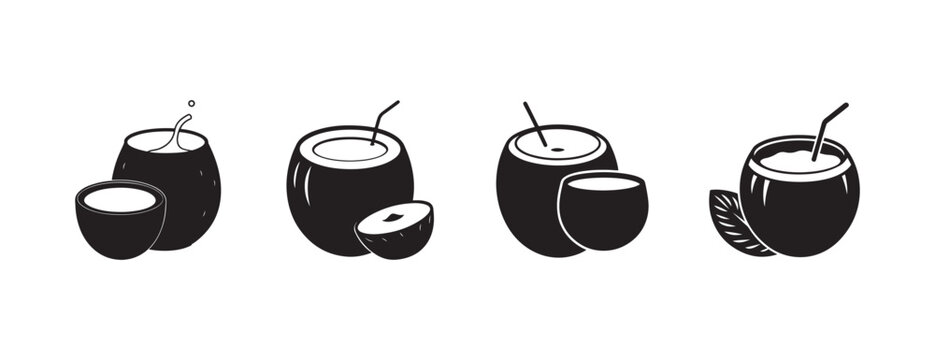 coconut and coconut milk drink illustrations in black and white with straws and leaves on white background