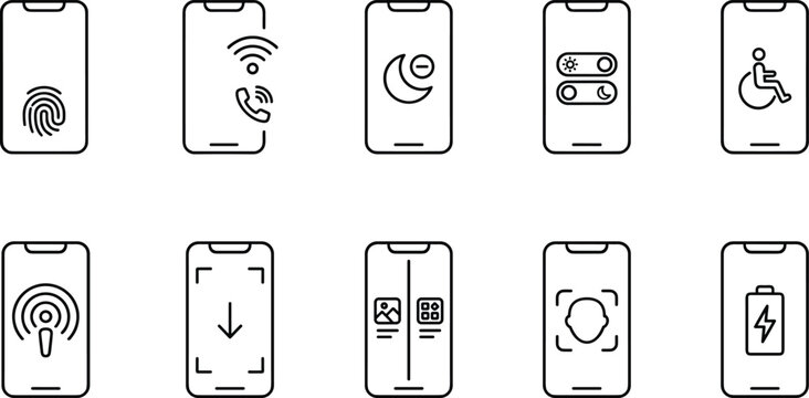 Smartphone feature icon set with fingerprint scanner wireless calling night mode and accessibility options.