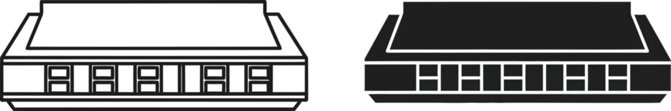 Harmonica outline and solid silhouette on white background for music and blues concepts