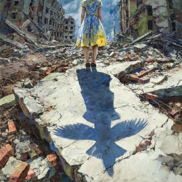 Shadow of bird of prey on concrete slab amidst war torn city ruins, symbolizing peace and hope arising from destruction.