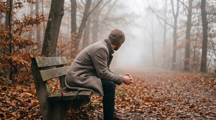 Fototapeta premium Man Sitting Alone on Park Bench Surrounded by Autumn Leaves