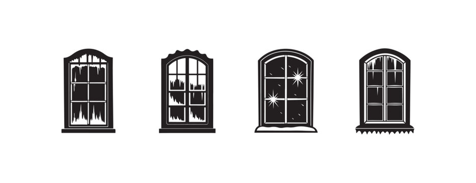 old fashioned black and white window frames with different snow covered glass panes and white backgrounds  four windows with snowflakes and icicles on glass