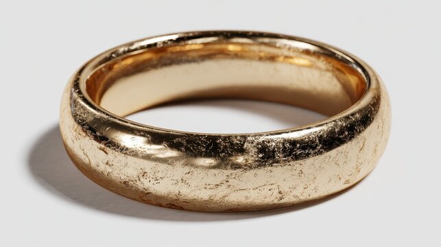 Simple gold wedding ring with textured surface displayed on clean white background symbolizing love commitment eternity marriage union partnership and enduring bond between two people.