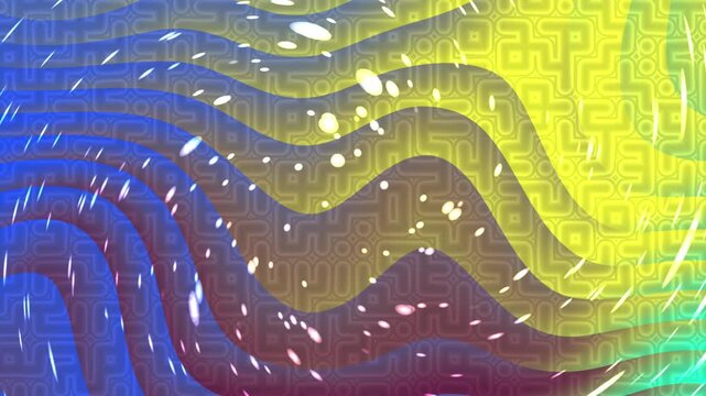 Abstract psychedelic background with colorful wavy lines and geometric maze pattern.