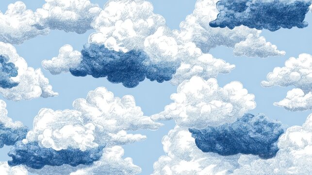 Vintage style sky blue background with hand drawn etched clouds in shades of indigo and white creating classic engraved illustration aesthetic for decorative paper and wallpaper use.