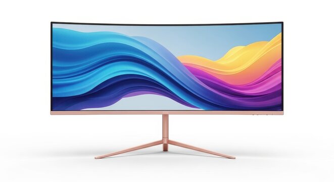 Modern curved ultrawide computer monitor with a colorful abstract wallpaper isolated on white background