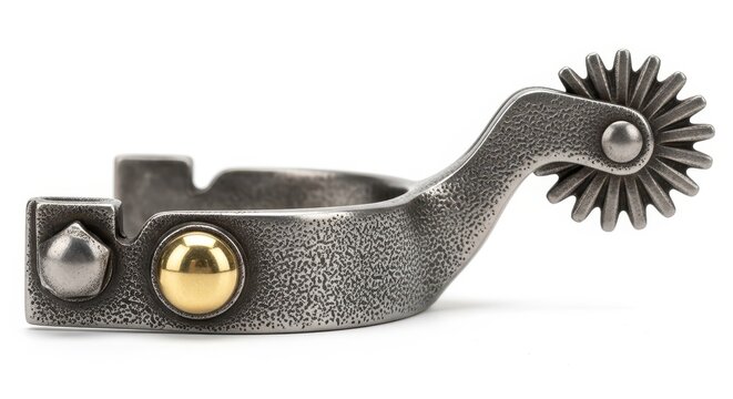 Single metal cowboy spur with a rowel and goldtone stud, isolated on white background