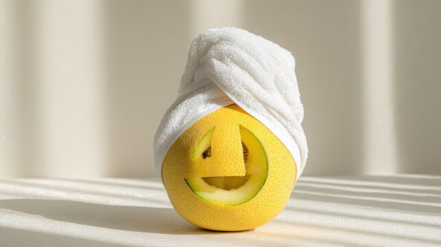 Funny melon with carved smile and white towel on head, depicting a spa day or self care concept with a playful twist.