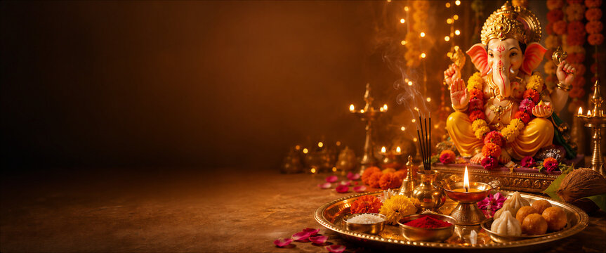 Lord Ganesha idol with ceremonial puja tray, incense, diya lamps, modak and laddoo sweets. Dark Ganesh Chaturthi banner with copy space for text.