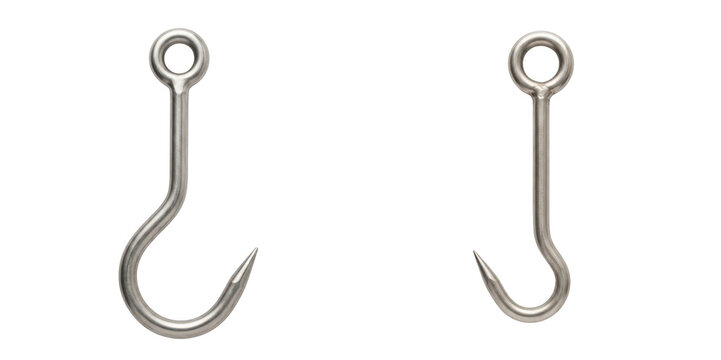 Two stainless steel meat hooks with eyelets isolated on transparent background