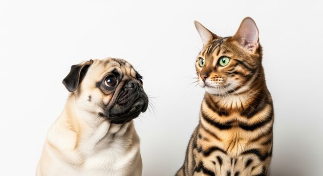A cute pug dog and a beautiful bengal cat looking at each other isolated on white background