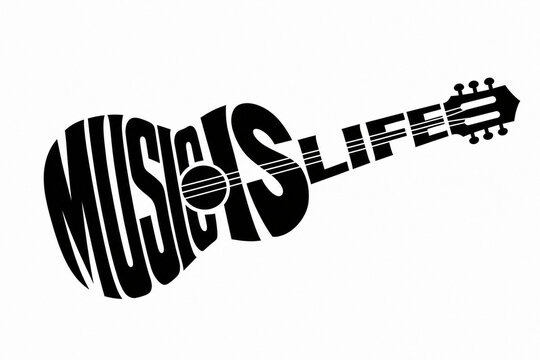 Acoustic guitar silhouette with Music Is Life typography