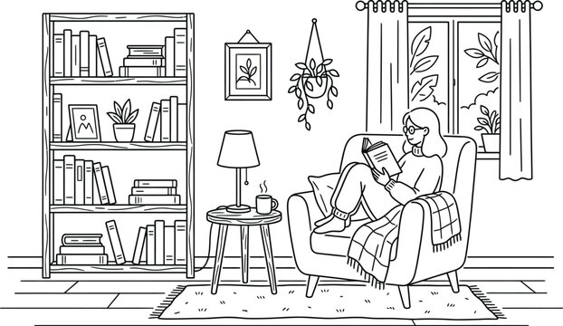 Cozy Living Room Reading Vector Scene