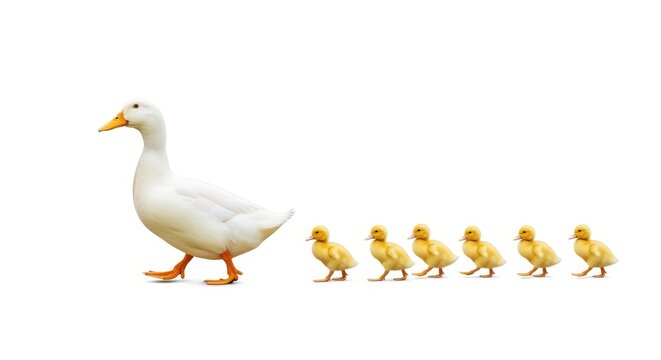 A mother duck leading a line of six yellow ducklings, isolated on white background
