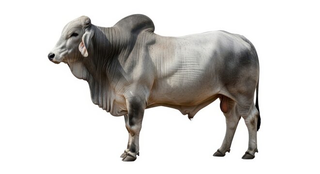 Side view of a grey brahman bull isolated on white background