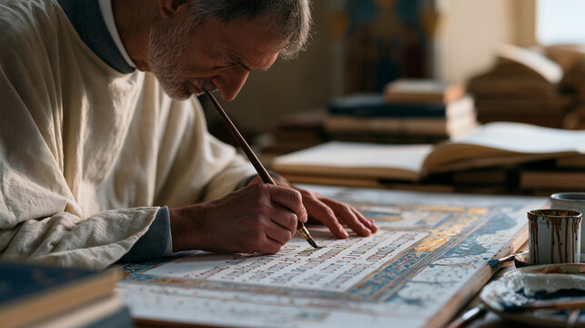 Calligrapher working on large illuminated manuscript panel with gold-leaf burnishing tools and gouache pigments, hands tracing intricate borders around devotional text, monastic