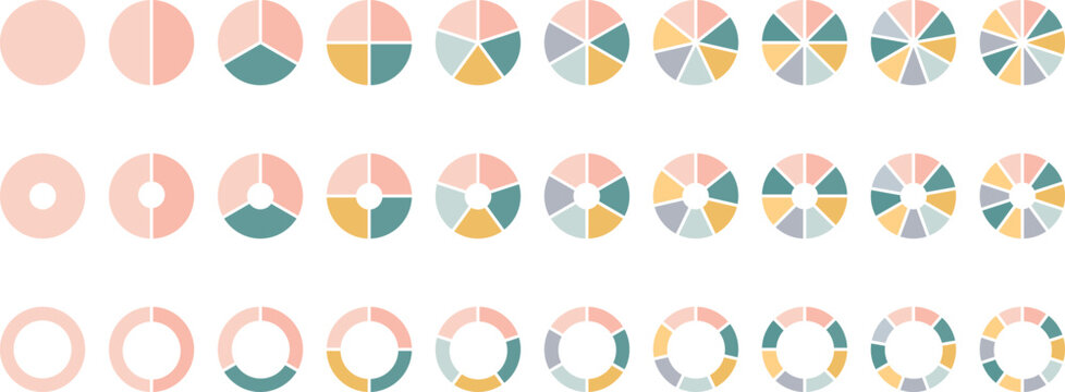 Circle pie chart diagram. 1,2,3,4,5,6,7,8,9,10, sections or steps. Flat process cycle. Progress sectors. Vector 10 eps.