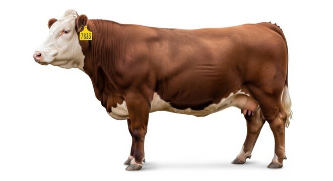 Side view of a hereford cow standing in profile isolated on white background