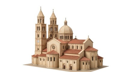 Fototapeta premium A detailed architectural model of a romanesque cathedral with twin towers and a central dome, isolated on white background