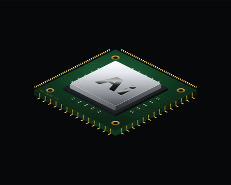 Isometric Microchip AI Processor Circuit Board Isolated On Black Background Conceptual Graphic Illustration For Artificial Intelligence Computer Tech Designs