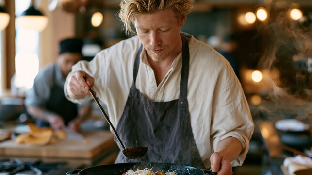 Chef in a restaurant kitchen testing a roasted root vegetable seasonal dish, ladle raised mid-tasting over a cast iron pan, steam curling upward, prep cook chopping butternut