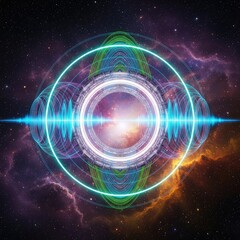 Fototapeta premium Interstellar communication array with massive glowing rings transmitting pulsing multidimensional energy waves across a deep space nebula, ethereal, exploration, digital