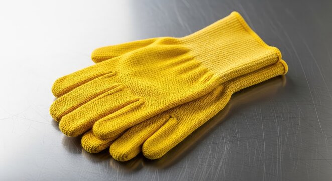 Paio di guanti da lavoro protettivi in fibra aramidica gialla resistente ai tagli, appoggiati su un banco da lavoro metallico professionale, maglia, carpenteria, tecnico