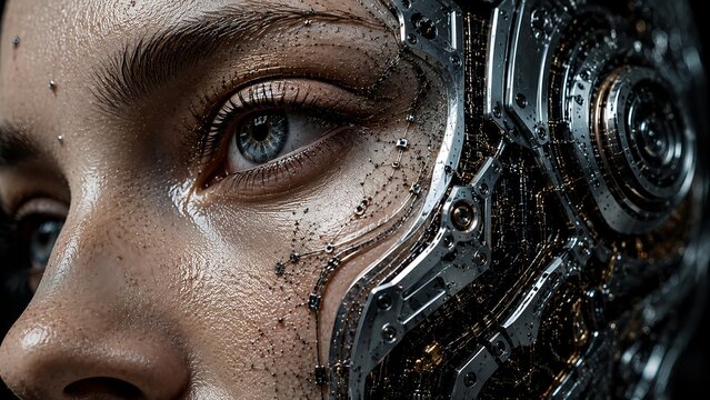 Business concept showcasing future technology and robotics in a close-up view of a human-like face with mechanical features