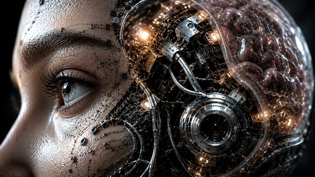 Innovative business concept showcasing a futuristic robot with complex technology and human-like features in a creative setting