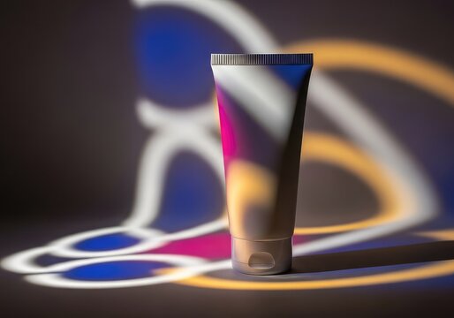 Minimalist white cosmetic tube mockup featuring artistic gobo light patterns and shadows on a clean neutral surface for branding, white, template, background