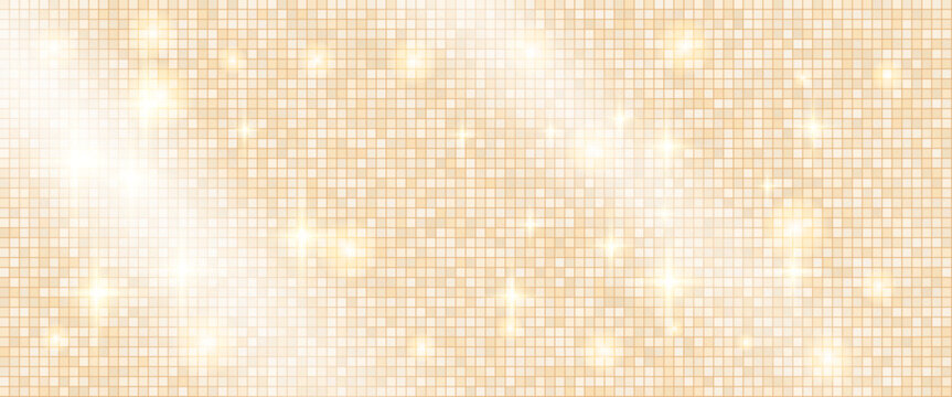 Sequin background in gold neutral sparkle for event poster. Beige sequin mosaic on a party background by warm light. Vector disco ball backdrop with mirror gradient for season promo presentation