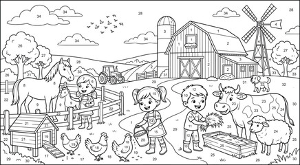 Obraz premium Farm life paint by numbers coloring page for kids with animals and children