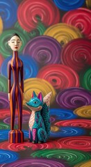 Obraz premium Two vibrant wooden figurines stand on a rich, multi-colored textured background, creating a bold and expressive artistic composition, pair, lighting, painted