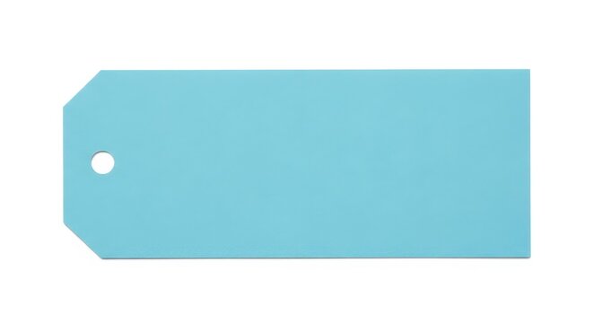 A blank light blue rectangular gift tag with a hole for string, isolated on white background
