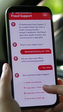 POV of answering security questions after a phishing incident. The user confirms no PIN was shared and selects the incident timeframe. Ideal for illustrating identity protection, account recovery, and