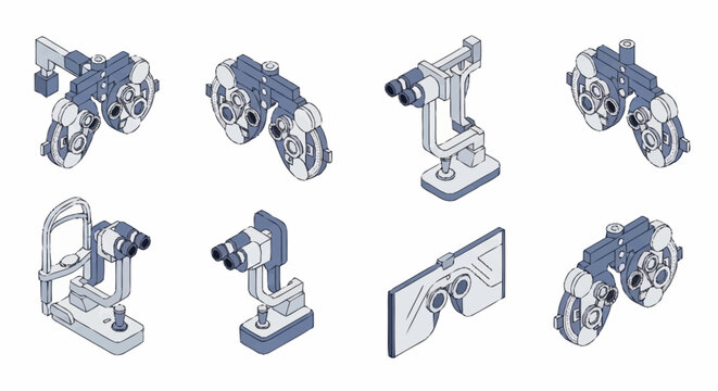 Collection of isometric ophthalmology equipment, including phoropters, slit lamps, and trial lens frames, on a white background.