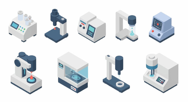 Collection of isometric laboratory equipment and scientific instruments for research and development.