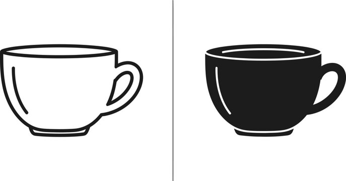 White line drawing and black silhouette of a coffee cup side by side on a white background