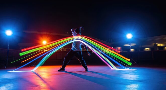 A high energy scene captures the essence of urban rhythm with colorful strobe lights, motion trails, and vivid effects on a dance floor, flare, musical, flash
