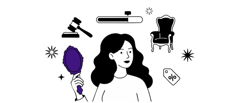 Online auction woman bidding antique furniture holding mirror with gavel icon loading progress bar price discount tag stars in flat line art vector graphic style for web ecommerce portal page app ui.