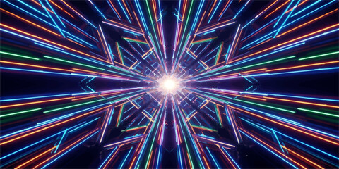 Symmetrical neon star tunnel with glowing energy lines science fiction symmetrical abstract geometric futuristic cyberpunk colorful geometry perspective background technology electronic © Romana